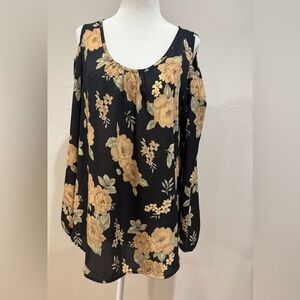 Sienna Sky Black and Tan Floral Cold Shoulder Blouse Medium